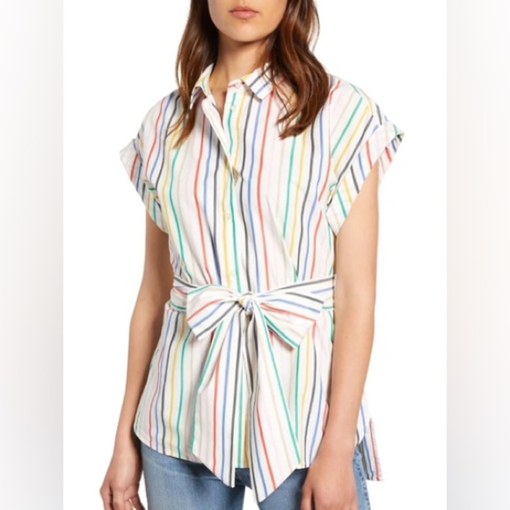 J CREW Button-Front Tie-Waist Top in Rainbow Mini Stripe Poplin - L6710 - Sz XS